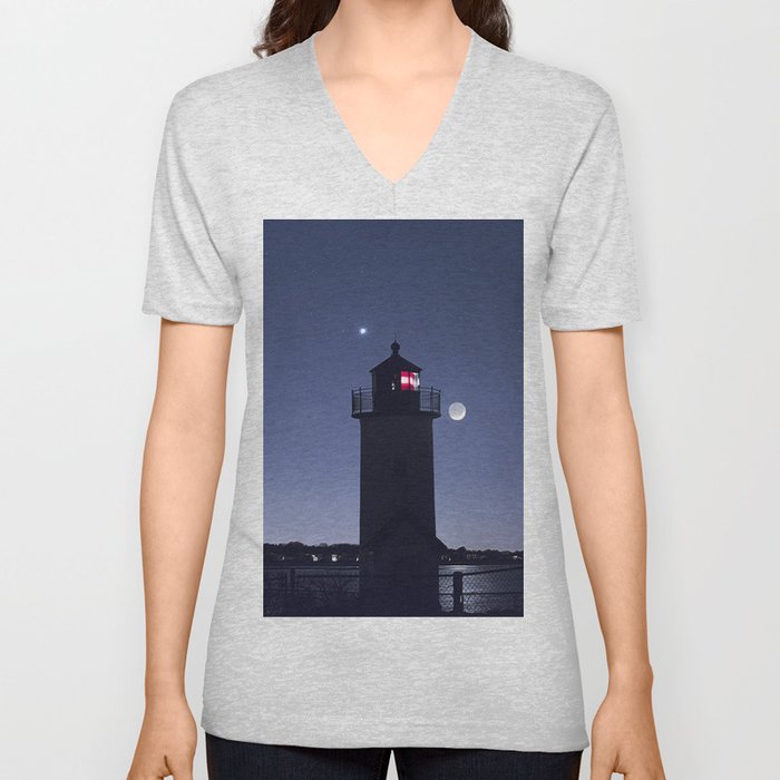Moon Venus and the Annisquam Lighthouse V Neck T Shirt