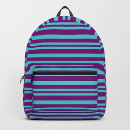 [ Thumbnail: Purple & Turquoise Colored Pattern of Stripes Backpack ]