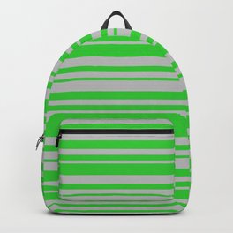 [ Thumbnail: Lime Green & Grey Colored Lined/Striped Pattern Backpack ]