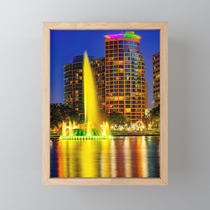 Lake Eola Cityscape and Memorial Fountain - Orlando Florida Framed Mini Art Print
