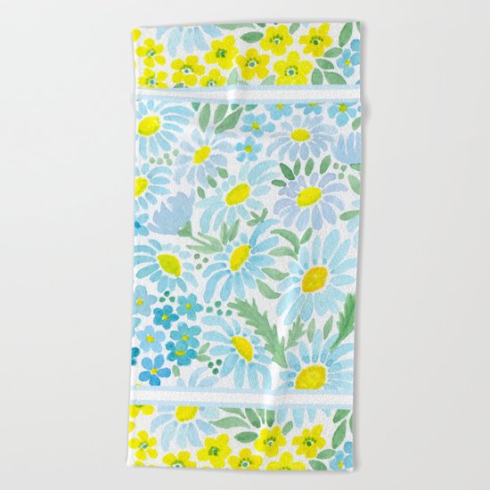 Watercolor . Chamomile field. 1 Beach Towel