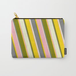 [ Thumbnail: Vibrant Light Pink, Yellow, Green, Gray, and Light Yellow Colored Stripes/Lines Pattern Carry-All Pouch ]