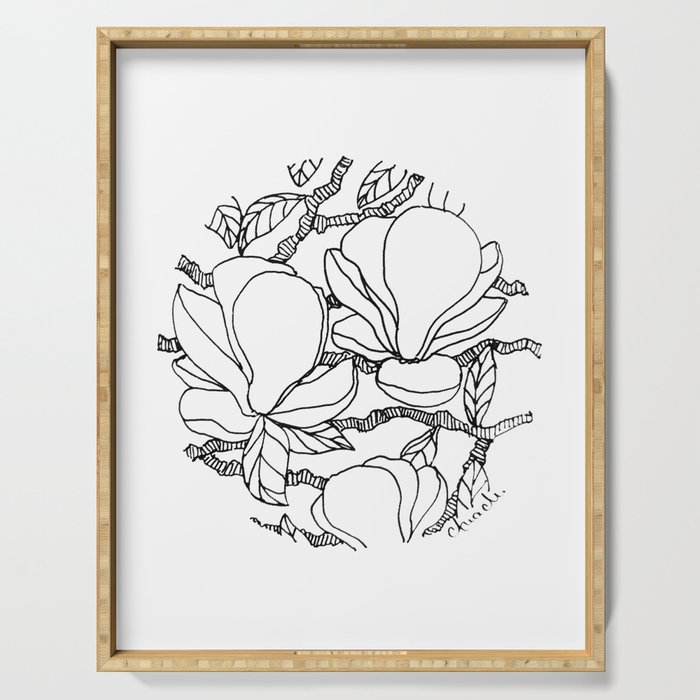 Elegant Magnolia Tree Lineart Design Serving Tray