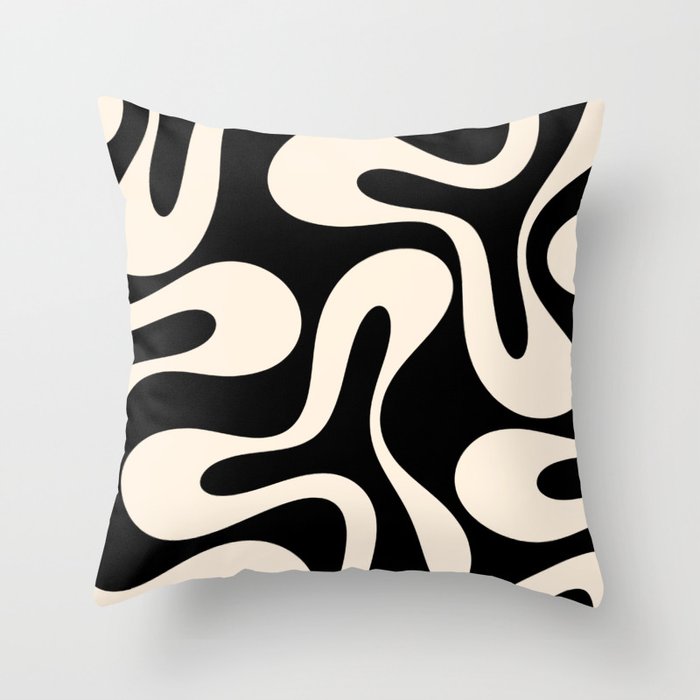 Soft Curves Retro Modern Abstract Pattern in Black and Almond Cream Throw Pillow