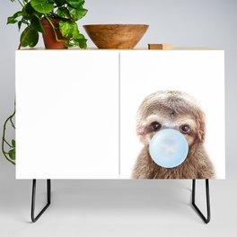 Baby Sloth Blowing Blue Bubble Gum, Kids, Baby Boy, Baby Animals Art Print by Synplus Credenza