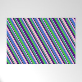 [ Thumbnail: Pink, Royal Blue, Lime Green, and Indigo Colored Lined/Striped Pattern Welcome Mat ]