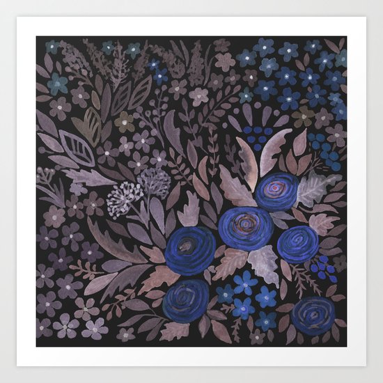 Watercolor blue flowers . The blue of the night . Art Print