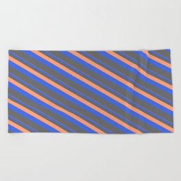 [ Thumbnail: Light Salmon, Royal Blue & Dim Gray Colored Pattern of Stripes Beach Towel ]