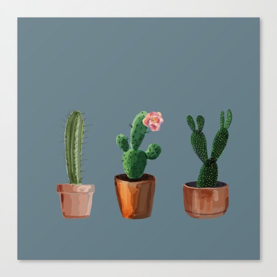 Three Cacti On Blue Background Canvas Print
