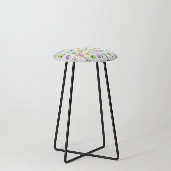 Cute funny pink yellow blue purple floral owl birds Counter Stool
