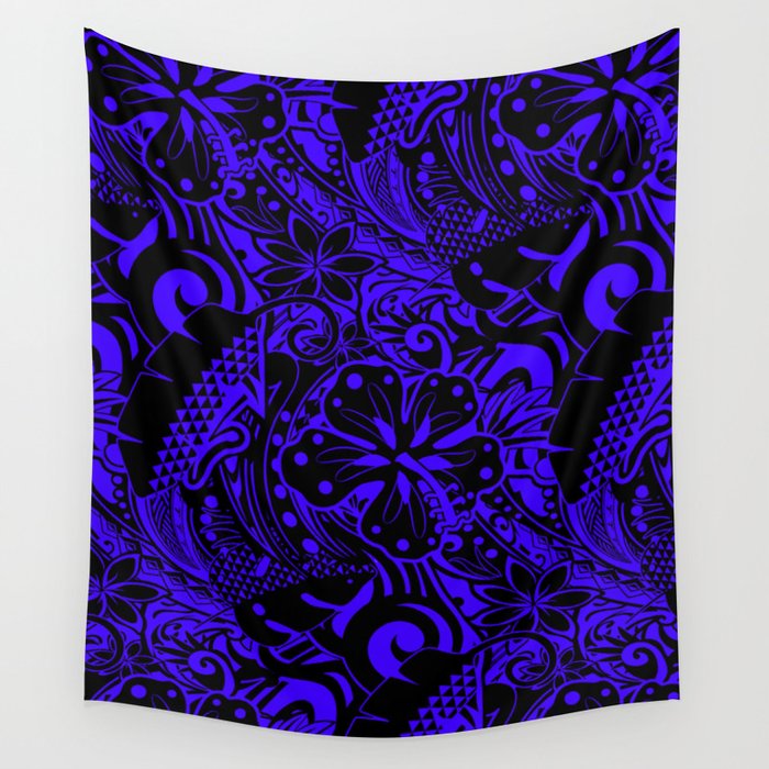 Hawaiian Midnight Blue Tribal Leaves Wall Tapestry