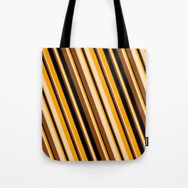 [ Thumbnail: Orange, Tan, Brown, and Black Colored Striped Pattern Tote Bag ]