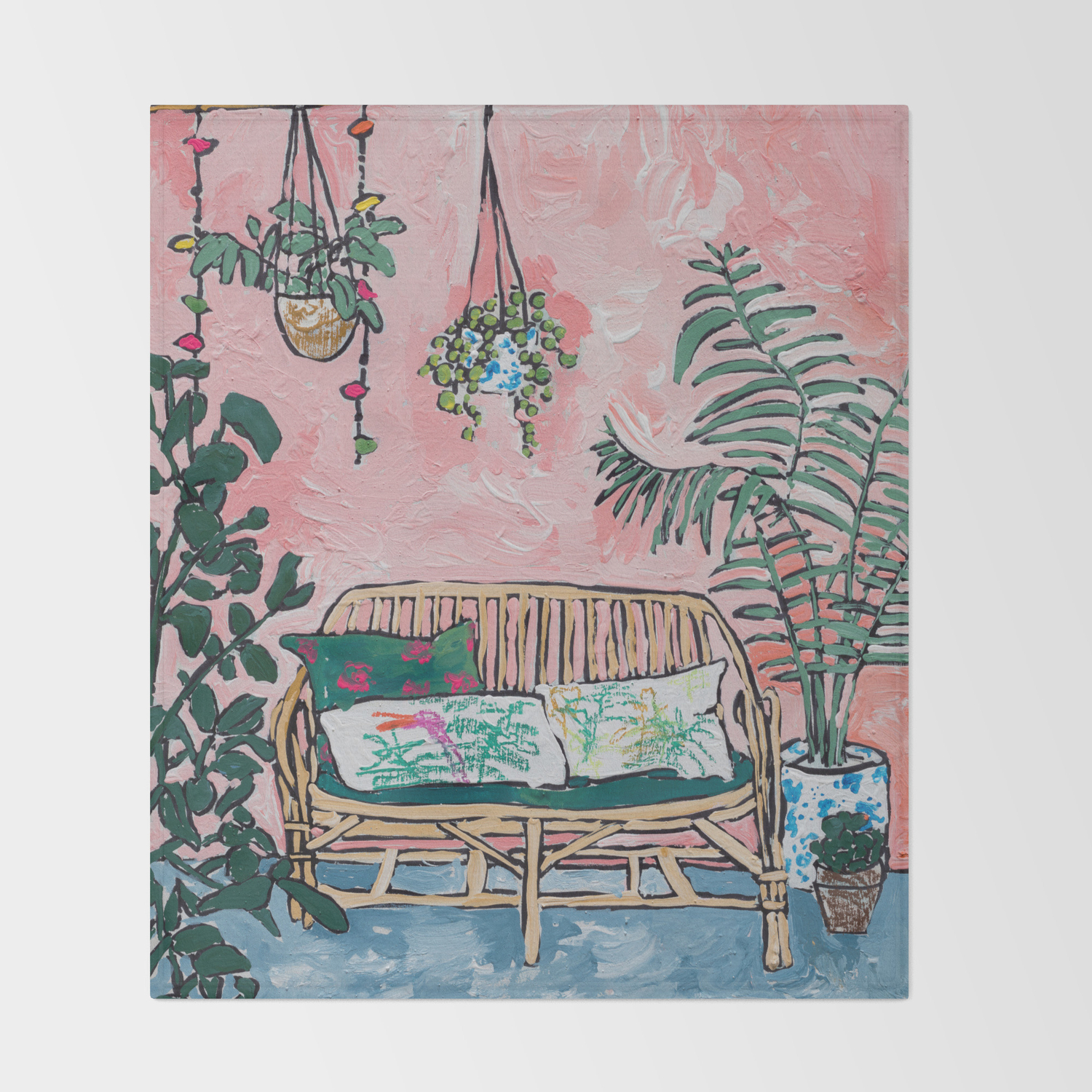 Rattan Bench In Painterly Pink Jungle Room Throw Blanket By Larameintjes Society6
