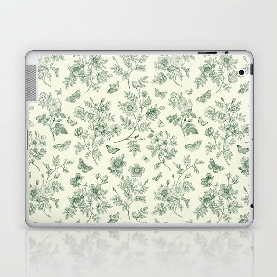 Toile de Jouy Wild Roses & Butterflies Forest Green Floral Laptop & iPad Skin