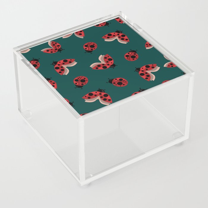 Seamless pattern with the image of flying and crawling ladybugs on a green background for printing on fabric and other surfaces Acrylic Box