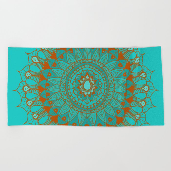 Hand-Drawn Bohemian Mandala Turquoise & Rust Beach Towel