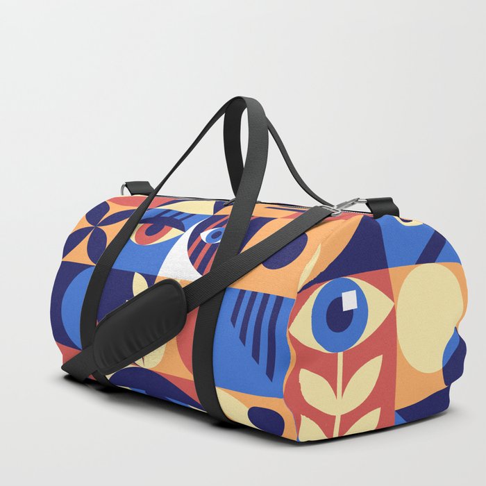 Bauhaus geometric abstract elements with eyes and simple forms. Modern style shapes, minimalistic retro design. Hipster 20s trend collage, illustration.  Duffle Bag