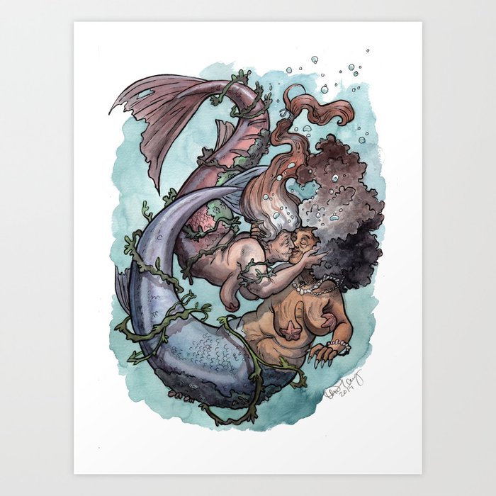 Old lady mermaids smooching Art Print