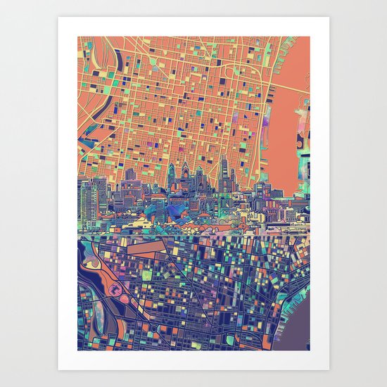 philadelphia city skyline map Art Print