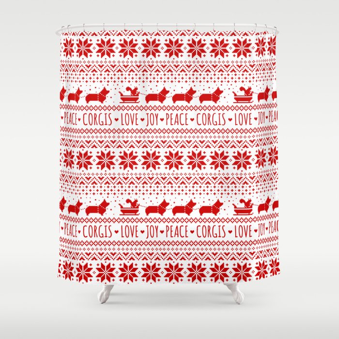 Love, Joy, Peace, Corgis | Humorous Dogs Christmas Pattern Shower Curtain