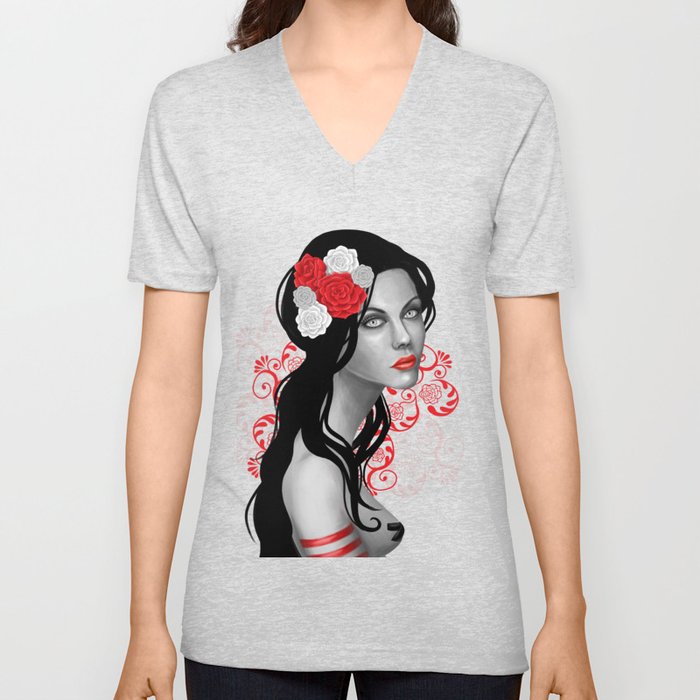 Goth Girl with Flowers in her Hair V Neck T Shirt