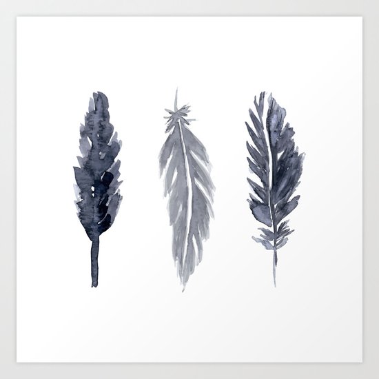 Black watercolor feathers Art Print