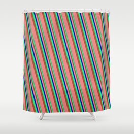 [ Thumbnail: Blue, Green, Sienna & Light Coral Colored Striped/Lined Pattern Shower Curtain ]
