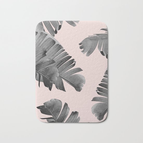 Black and pink palm leaves Bath Mat