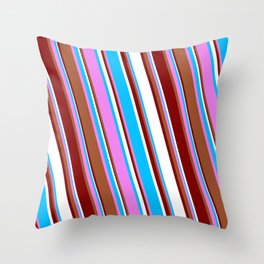 [ Thumbnail: Vibrant Violet, Sienna, Maroon, White, and Deep Sky Blue Colored Stripes Pattern Throw Pillow ]