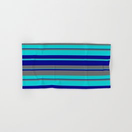 [ Thumbnail: Dark Turquoise, Dark Blue & Dim Grey Colored Lines/Stripes Pattern Hand & Bath Towel ]