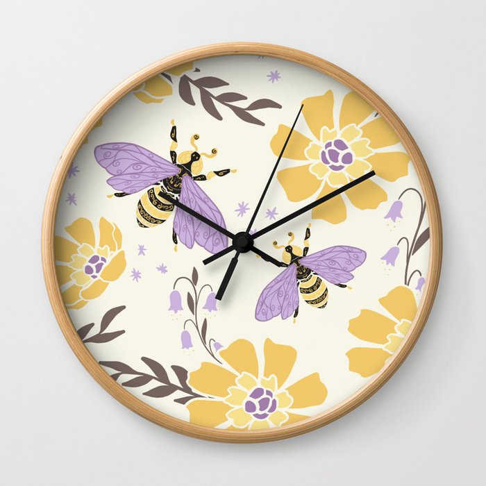 Honey Bees and Flowers - Yellow and Lavender Purple Wall Clock
