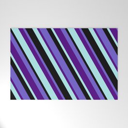 [ Thumbnail: Slate Blue, Indigo, Turquoise & Black Colored Striped Pattern Welcome Mat ]