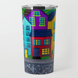 Dot Painting Colorful Village Houses, Hills, and Garden Travel Mug