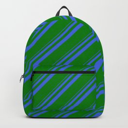 [ Thumbnail: Royal Blue and Green Colored Stripes/Lines Pattern Backpack ]