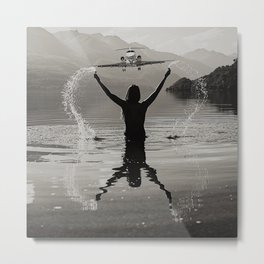 On the wings of love; airplane landing over lake guide by female swimming alpine mountain black and white photograph - photographs - photography Metal Print