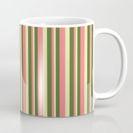 [ Thumbnail: Dark Olive Green, Light Coral, and Pale Goldenrod Colored Lined/Striped Pattern Coffee Mug ]