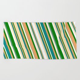 [ Thumbnail: Vibrant Brown, Dark Cyan, Tan, White & Green Colored Striped Pattern Beach Towel ]