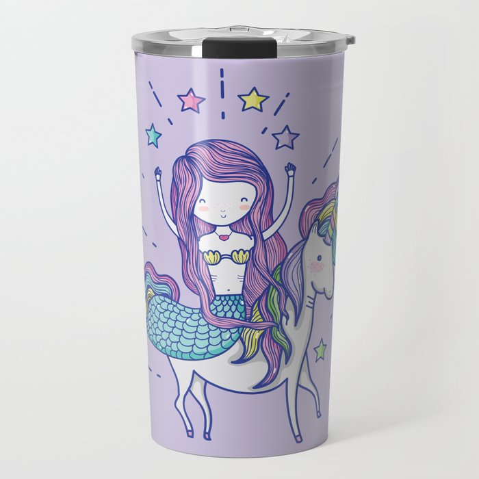Mermaid Riding Unicorn Purple Travel Mug
