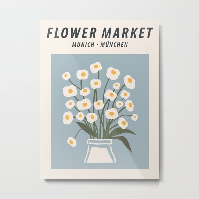 Flower market print, Munich, Posters aesthetic, Cute blue flowers, Cottagecore decor, Retro Metal Print
