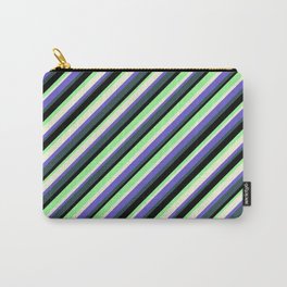 [ Thumbnail: Colorful Beige, Slate Blue, Dark Slate Gray, Black & Green Colored Lined/Striped Pattern Carry-All Pouch ]
