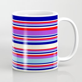 [ Thumbnail: Eye-catching Beige, Red, Dark Orchid, Sky Blue, and Dark Blue Colored Stripes/Lines Pattern Coffee Mug ]