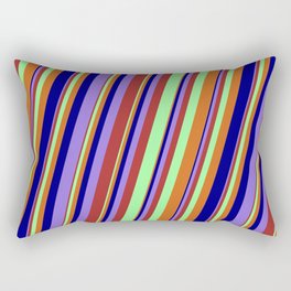 [ Thumbnail: Colorful Brown, Green, Chocolate, Blue, and Purple Colored Lined Pattern Rectangular Pillow ]