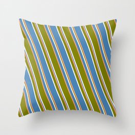 [ Thumbnail: Light Salmon, Green, White, and Blue Colored Striped Pattern Throw Pillow ]
