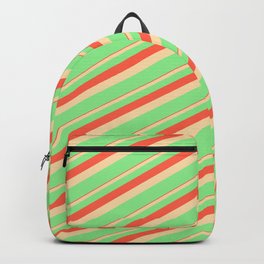 [ Thumbnail: Red, Tan & Light Green Colored Lines Pattern Backpack ]