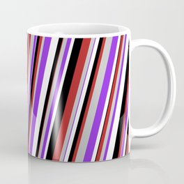 [ Thumbnail: Red, Grey, Purple, White & Black Colored Striped Pattern Coffee Mug ]