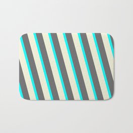[ Thumbnail: Cyan, Beige & Dim Grey Colored Lines Pattern Bath Mat ]