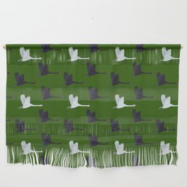 Flying Elegant Swan Pattern on Green Background Wall Hanging