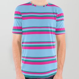 [ Thumbnail: Dark Cyan, Deep Pink, and Light Sky Blue Colored Lined Pattern All Over Graphic Tee ]