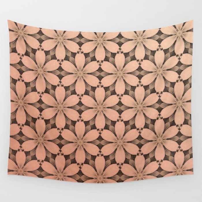 Abstract Modern Daisies on Checkerboard Persimmon Wall Tapestry