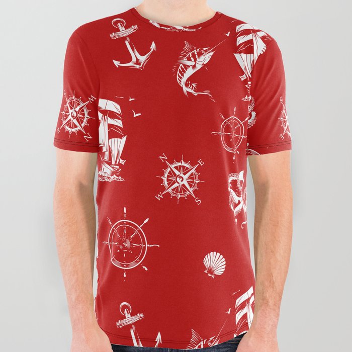 Red And White Silhouettes Of Vintage Nautical Pattern All Over Graphic Tee
